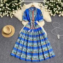 LE2630 Women Boutique Robe Lantern Short Sleeve Socialite Party Maxi Elegant Lady Dresses Hemp Belt Long Printed Dresses Autumn