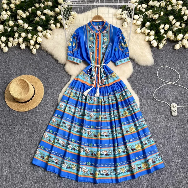 LE2630 Women Boutique Robe Lantern Short Sleeve Socialite Party Maxi Elegant Lady Dresses Hemp Belt Long Printed Dresses Autumn - Image 5