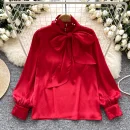 LW0825 Fine Beaded Bow Neckline Long Sleeve Blouse Lady Satin Top Lady Blouses Elegant Women Ladies