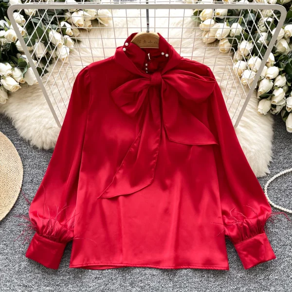 LW0825 Fine Beaded Bow Neckline Long Sleeve Blouse Lady Satin Top Lady Blouses Elegant Women Ladies