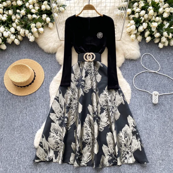 LE2647 Ladies Boutique Midi Dresseses Women Direct Dress Female Autumn Velvet Splicing Jacquard Long Dresses