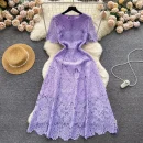 LE2729 2025 Niche Vintage Women'S Dress O-Neck Lace Dress With Short Sleeves Female Summer Slim Temperament Elegant Long Dress