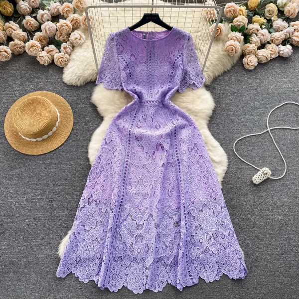 LE2729 2025 Niche Vintage Women'S Dress O-Neck Lace Dress With Short Sleeves Female Summer Slim Temperament Elegant Long Dress - Image 3