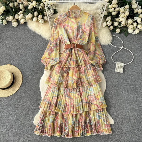 LE2582 2025 Pastoral Style Elasticity Stand Collar Floral Dress Long Sleeve Ruffled Print Cake Dress Women Boutique Midi Dresses