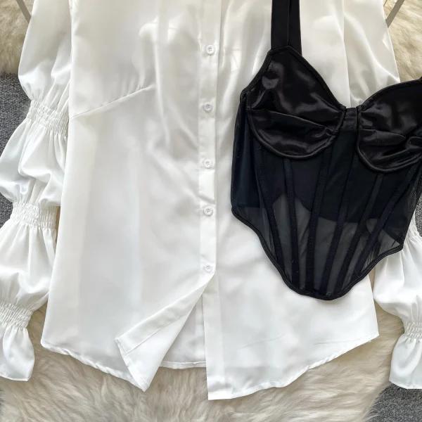 LW0751 Blouses Elegant Women Puffed Sleeve Shirt Pure Desire Satin Patchwork Halter Fishbone Vest Two-Piece Set - Image 6