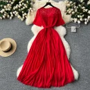 LE2581 2025 Women'S Elegant Pleated Dresses Female Lace Patchwork Belted Socialite Party Maxi Dress Robes Women Boutique Autumn