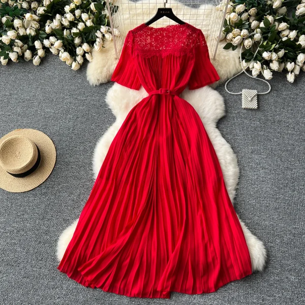 LE2581 2025 Women'S Elegant Pleated Dresses Female Lace Patchwork Belted Socialite Party Maxi Dress Robes Women Boutique Autumn - Image 4