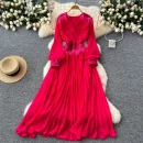 LE4777 High-End Niche Dress Women'S Autumn Heavy Industry Sequin Splicing V-Neck Lantern Sleeve Waist Fringe Pleated Skirt