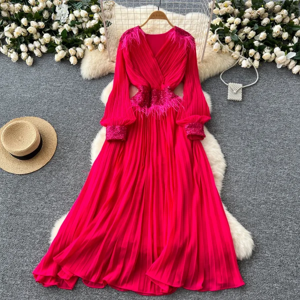 LE4777 High-End Niche Dress Women'S Autumn Heavy Industry Sequin Splicing V-Neck Lantern Sleeve Waist Fringe Pleated Skirt - Image 4
