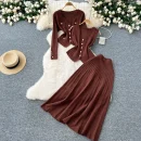LE0097 Small Fragrant Wind Wear Women'S Three-Piece Vest Metal Buckle Long Sleeve Knitted Cardigan Skirt