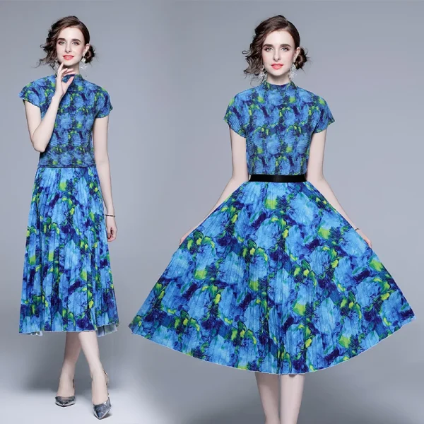LE1242 in Stock High Quality Fabric Women'S Sets Printed Short Sleeve Pleated Shirt Printed Long Pleated Skirt 2 Piece Set - Image 5