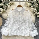 LW0653 Heavy Nail Bead Three-Dimensional Flower Long Sleeve Shirt Women Light Luxury Lantern Sleeve Blouses Elegant Women