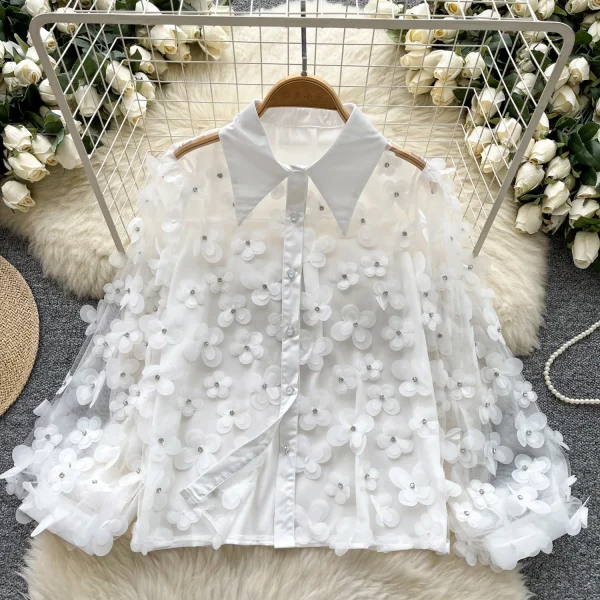 LW0653 Heavy Nail Bead Three-Dimensional Flower Long Sleeve Shirt Women Light Luxury Lantern Sleeve Blouses Elegant Women - Image 4
