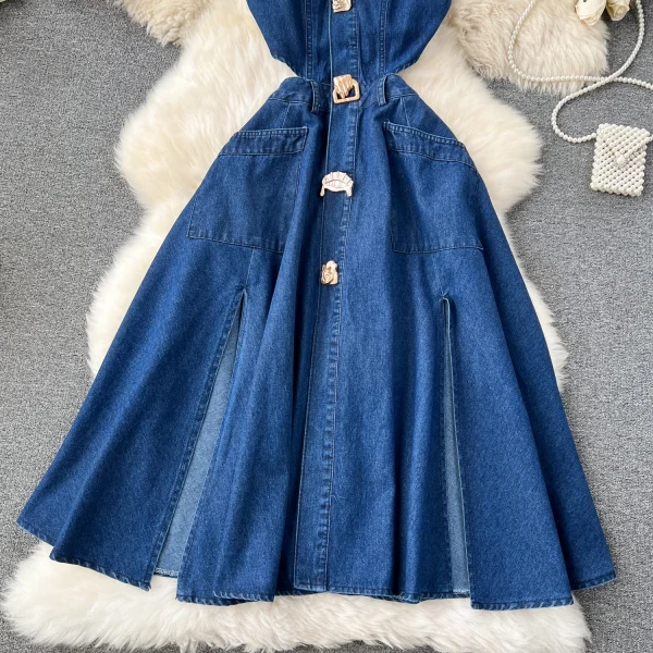 LE2653 Boutique Denim Dresseses Female Korean Metal Button Sleeveless Midi Dress Direct Elegant Women'S Dress - Image 4