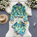 2 Piece Outfits Sets Fashion Print Set Female New Waist Tie Lemon Print Long-Sleeved Shirt High Waist Thin Shorts Two-Piece