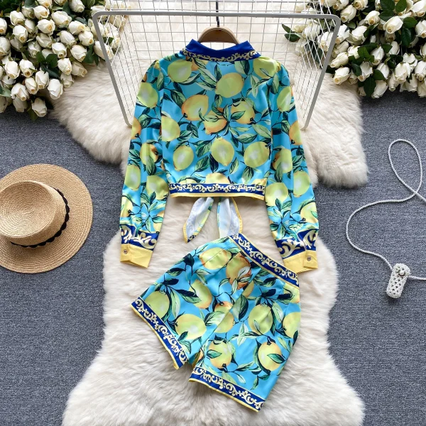 2 Piece Outfits Sets Fashion Print Set Female New Waist Tie Lemon Print Long-Sleeved Shirt High Waist Thin Shorts Two-Piece - Image 2