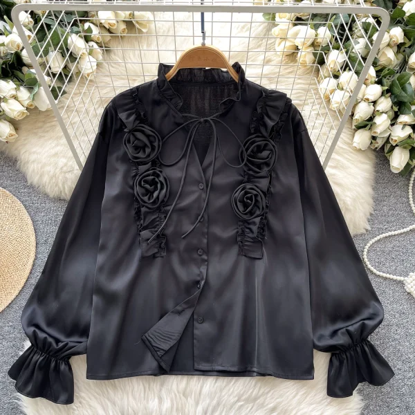 LW0651 2025 Spring New Advanced Sense Three-Dimensional Flower Lace-Up Long Sleeve Satin Blouse Shirts for Women - Image 2