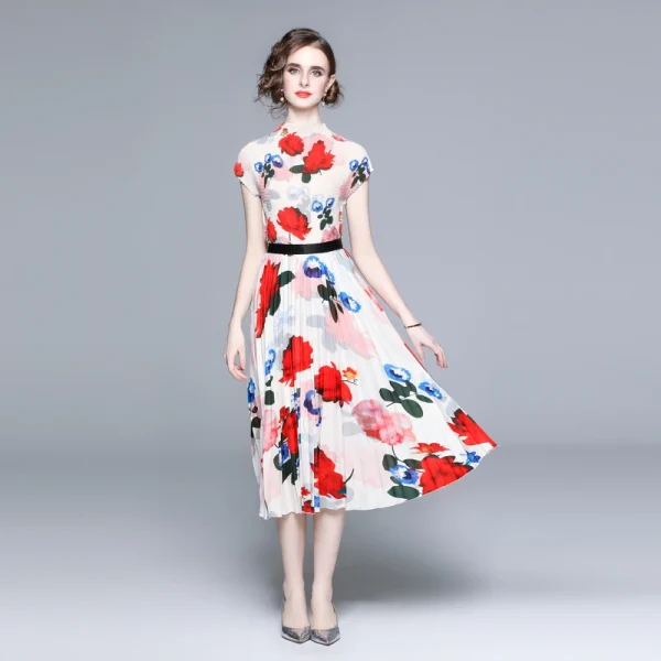 LE1246 in Stock Boutique Womens 2 Piece Sets High Quality Fabric Short-Sleeved Top Miyake Pleated Printed Long Pleated Skirt - Image 3