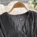 LE4775 Light Mature Wind Retro Temperament Lantern Long Sleeve V-Neck Waist Slimming a Line Pleated Dress Elegant Long Skirt