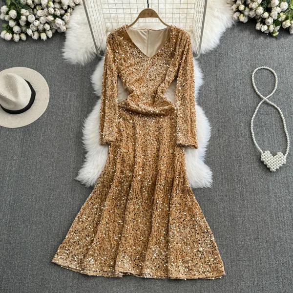 LE2658 Socialite Midi Evening Dresses for Woman Autumn Long Sleeve V-Neck A-Line Sequin Velvet Dresses Elegant Party Long Dress
