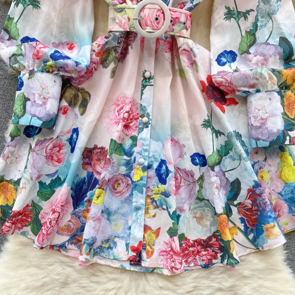 LE2643 Retro Romantic Mini Printed Dresses Woman Atmosphere Sense Floral Dress Female Lantern Sleeve Super fairy Short Dresses - Image 4