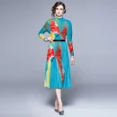 Elegant Women Print Pleat Outfit Long Sleeves Top Midi Skirt Casual Two Piece Set