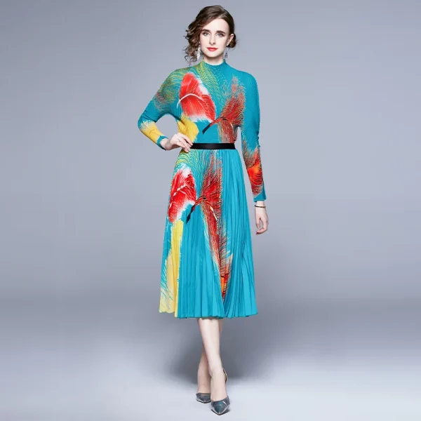 Elegant Women Print Pleat Outfit Long Sleeves Top Midi Skirt Casual Two Piece Set