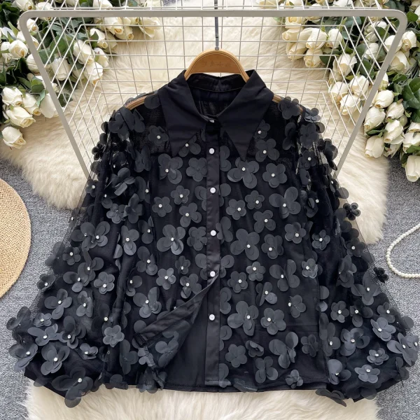LW0653 Heavy Nail Bead Three-Dimensional Flower Long Sleeve Shirt Women Light Luxury Lantern Sleeve Blouses Elegant Women - Image 3