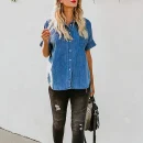 Summer Casual Loose Fashion Denim Tops Long Sleeve Lapel Simple Pocket Blouse Women Denim Shirt