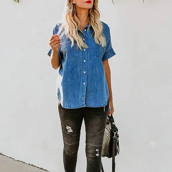 Summer Casual Loose Fashion Denim Tops Long Sleeve Lapel Simple Pocket Blouse Women Denim Shirt - Image 3