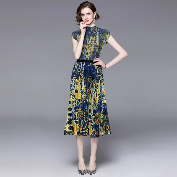 LE1359 Miyake Pleated Skirt 2025 New Stand Collar High Stretch Print Top Pleated Skirt Boutique 2 Piece Set Loose Large Size