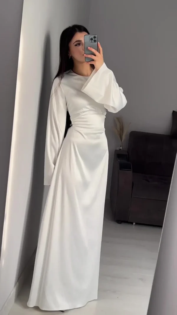 LE2589 Solid Color Satins Maxi Ladies Dress Autumn Lotus Long Sleeves Lace-Up Socialite Party Evening Gown Ladies Evening Dress - Image 5