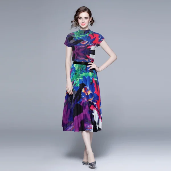 LE1246 in Stock Boutique Womens 2 Piece Sets High Quality Fabric Short-Sleeved Top Miyake Pleated Printed Long Pleated Skirt
