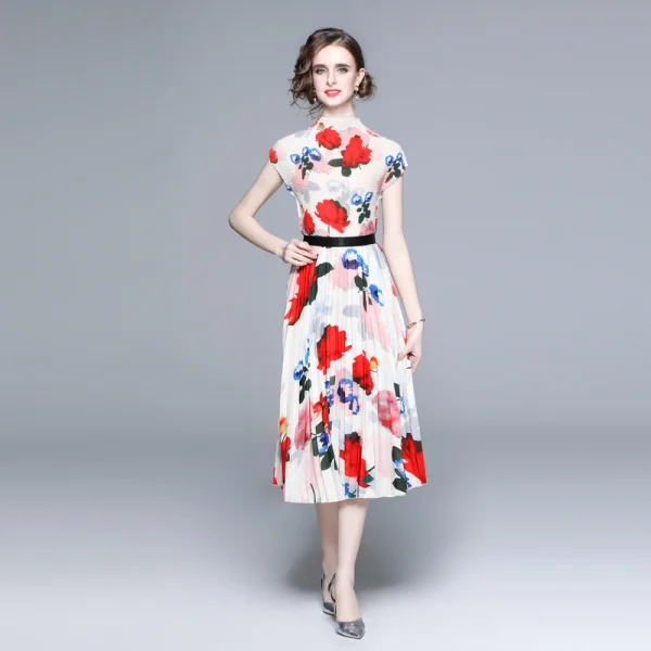 LE1246 in Stock Boutique Womens 2 Piece Sets High Quality Fabric Short-Sleeved Top Miyake Pleated Printed Long Pleated Skirt