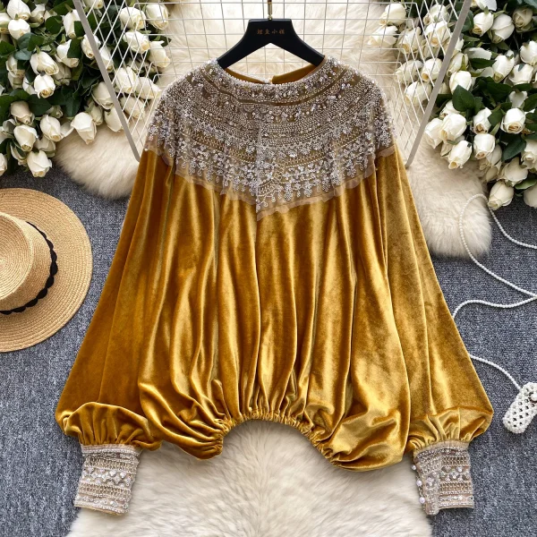 LW0835 Light Luxury Senior Sense Velvet Shirt Women Inlaid Diamond Loose Design Temperament Blouses Elegant Women - Image 4