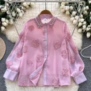 LW0652 Heavy Nail Bead Three-Dimensional Flower Mesh Shirt Women Loose Long Sleeve Blouses Elegant Women