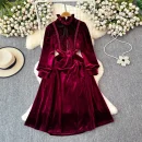 LE2663 2025 Winter Socialite Midi Evening Dresses for Woman Autumn High-End Dinner Dress Ruffled Collar Velvet Long Dress Female