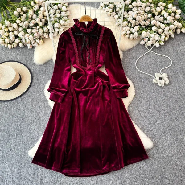 LE2663 2025 Winter Socialite Midi Evening Dresses for Woman Autumn High-End Dinner Dress Ruffled Collar Velvet Long Dress Female