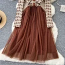 LE4781 Autumn New Senior Sense Retro Lapel Long Sleeve Plaid Patchwork Receiving Waist Mesh Gauze Peng Peng Dress Female
