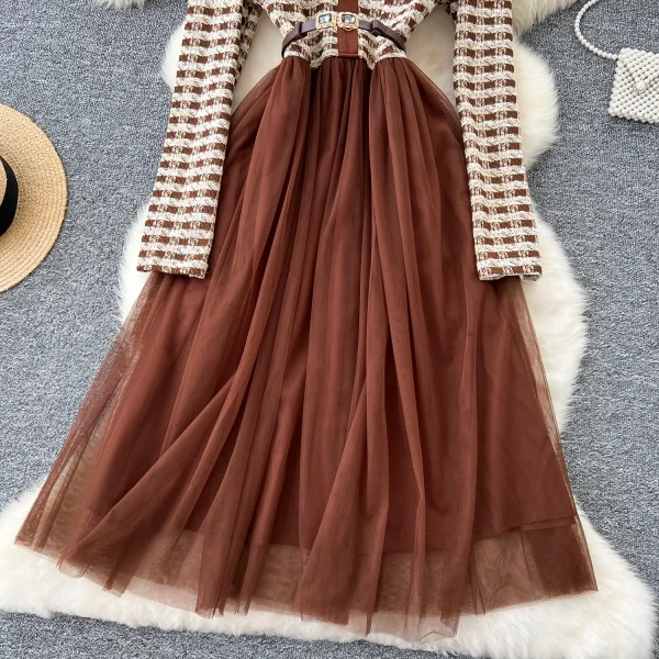 LE4781 Autumn New Senior Sense Retro Lapel Long Sleeve Plaid Patchwork Receiving Waist Mesh Gauze Peng Peng Dress Female - Image 4