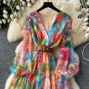 LE2633 Style Chiffon Printed Dresses Ethnic V-Neck Long Sleeve Belted Evening Dresses Maxi Party Robe 2025