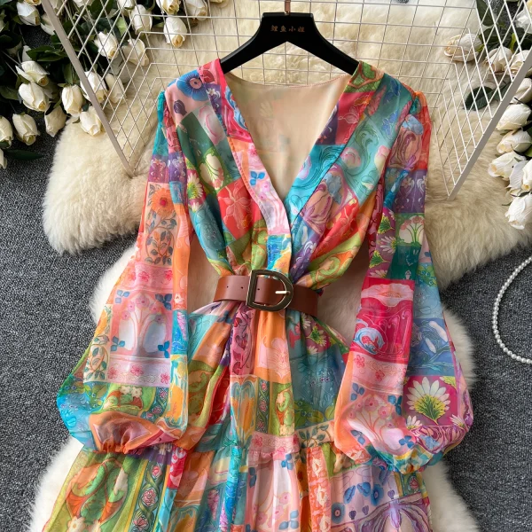 LE2633 Style Chiffon Printed Dresses Ethnic V-Neck Long Sleeve Belted Evening Dresses Maxi Party Robe 2025 - Image 3