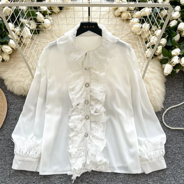 LW0704 Chic Blouse Women'S High-Grade Lace Patchwork Single Breasted Long Sleeve Temperament Blouses for Lady - Image 4