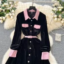 LE2764  Black Hepburn Dress for Women 2025 Fall Vintage Color Contrast Lapel Waist Waist Canary Over-The-Knee Dress