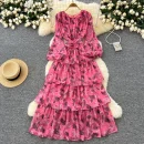 LE4771 Light Wind Women'S Dress Autumn Advanced Sense Flower Fold Waist Lantern Sleeve Floral Chiffon Skirt Long Dress