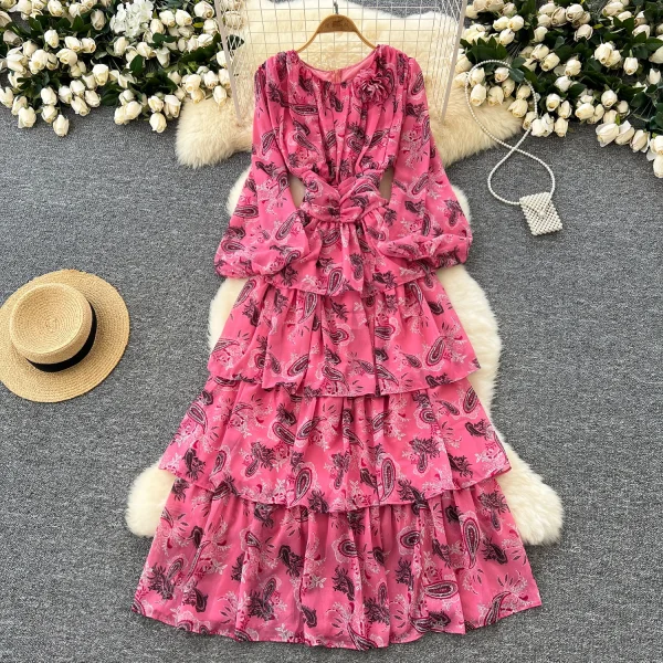 LE4771 Light Wind Women'S Dress Autumn Advanced Sense Flower Fold Waist Lantern Sleeve Floral Chiffon Skirt Long Dress - Image 5