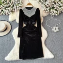 LE2662 Autumn Beading Evening Dresses Woman Femininity Chic Long Sleeve V-Neck Slit Bag Hip Canary Long Dress Female Winter 2025