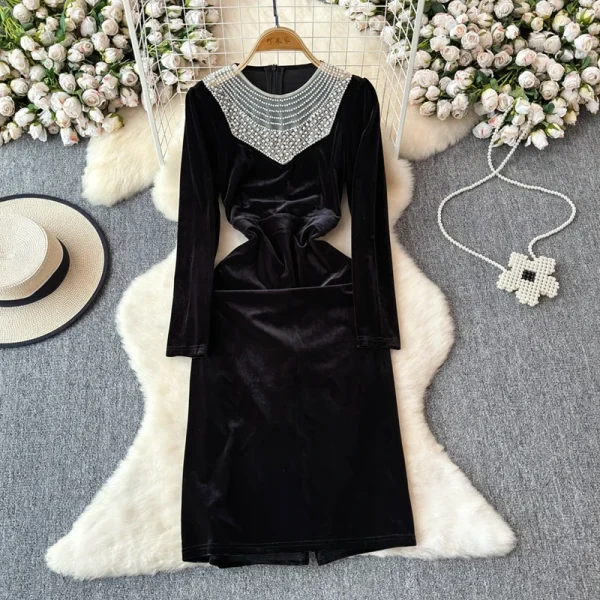 LE2662 Autumn Beading Evening Dresses Woman Femininity Chic Long Sleeve V-Neck Slit Bag Hip Canary Long Dress Female Winter 2025 - Image 3