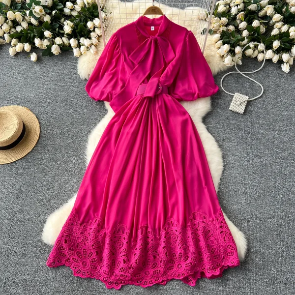 LE2627 French Vintage Maxi Evening Dresses Woman Elegant Lace-Up Ruffled Short Sleeve A-Line Long Dress Lady 2025 New - Image 2
