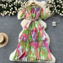 LE2637 Retro Metal Buckle Pleated Midi Dresses Woman Flared Short Sleeve Smudged Print Dress Autumn New Holiday Party Cake Dress